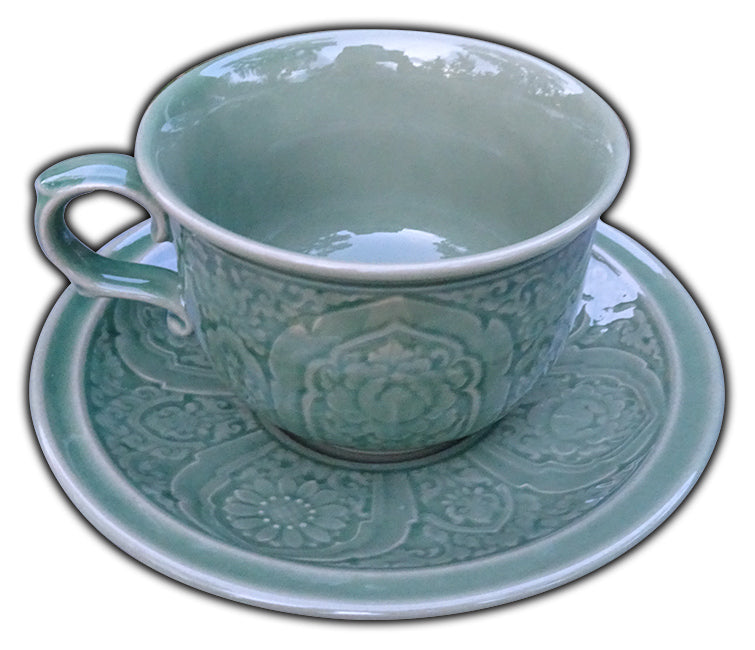 ชุดแก้วกาแฟ ลายนางพญา สีเขียว เซรามิค