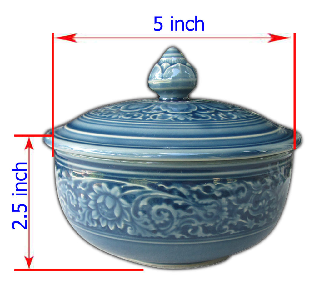 ถ้วย 5 นิ้ว ลายไทย สีน้ำเงิน ขอบคลื่นที่ตัวถ้วย ฝากลม ใช้เป็นถ้วยแกง ถ้วยซุป โอทอปลำปาง otoplampang