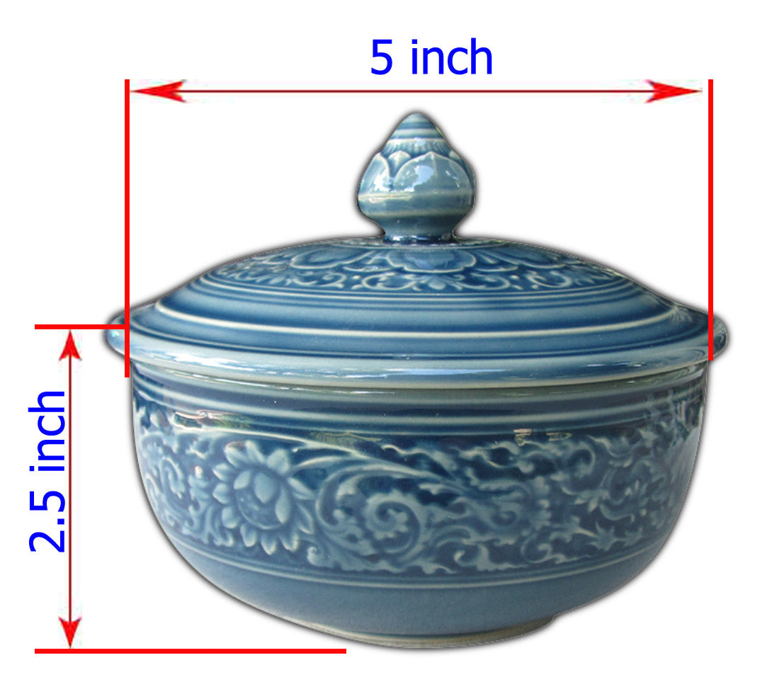 ถ้วย 5 นิ้ว ลายไทย สีน้ำเงิน ขอบคลื่นที่ตัวถ้วย ฝากลม ใช้เป็นถ้วยแกง ถ้วยซุป โอทอปลำปาง otoplampang