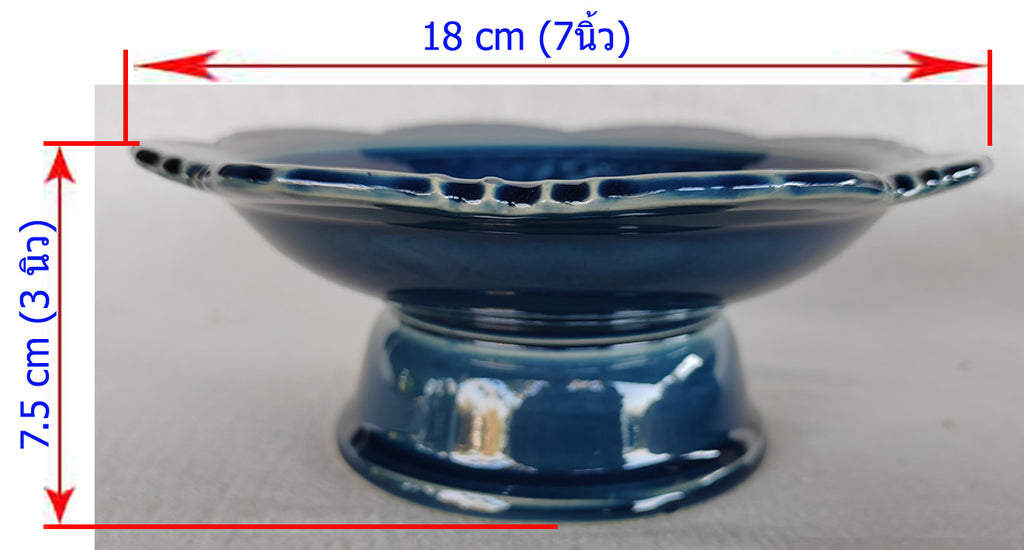 พาน 7นิ้ว ลายไทย สีน้ำเงิน เซรามิก พานดอกไม้ พานมะลิ พานเชิง พานหิ้งพระ พวงมาลัย พานบายศรี otop Lampang โอทอปลำปาง