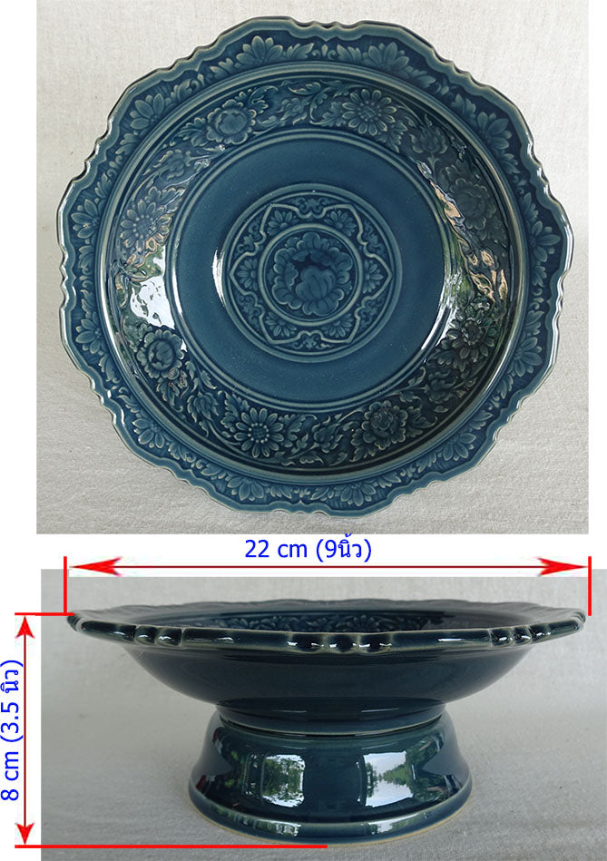 พาน 9นิ้ว ลายไทย สีน้ำเงิน เซรามิก พานดอกไม้ พานมะลิ พานเชิง พานหิ้งพระ พวงมาลัย พานบายศรี otop Lampang โอทอปลำปาง