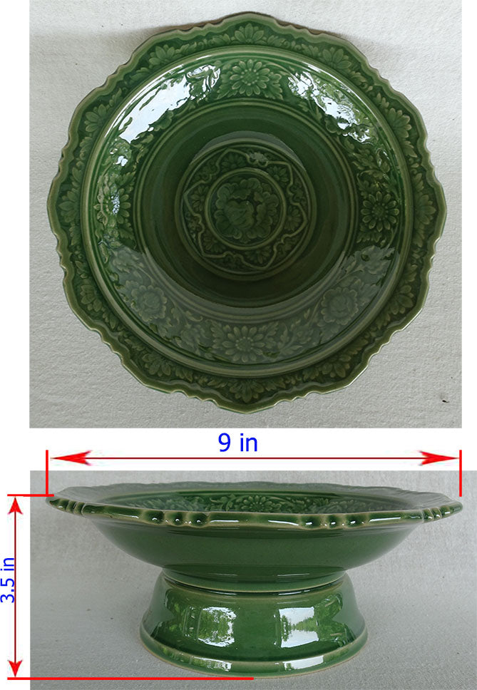 พาน 9นิ้ว ลายไทย สีเขียว เซรามิก พานดอกไม้ พานมะลิ พานเชิง พานหิ้งพระ พวงมาลัย พานบายศรี otop Lampang โอทอปลำปาง