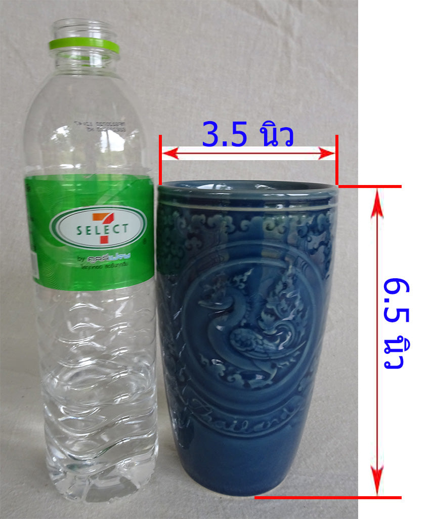 แก้ว ทรงกระบอกสูงประมาณ แก้วเยติ ลายหงส์ สีน้ำเงิน ไม่มีฝาปิด ไม่มีจานรอง