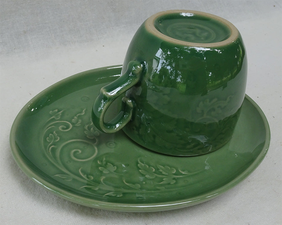ชุดแก้วกาแฟ ลายไทย สีเขียวเซรามิค