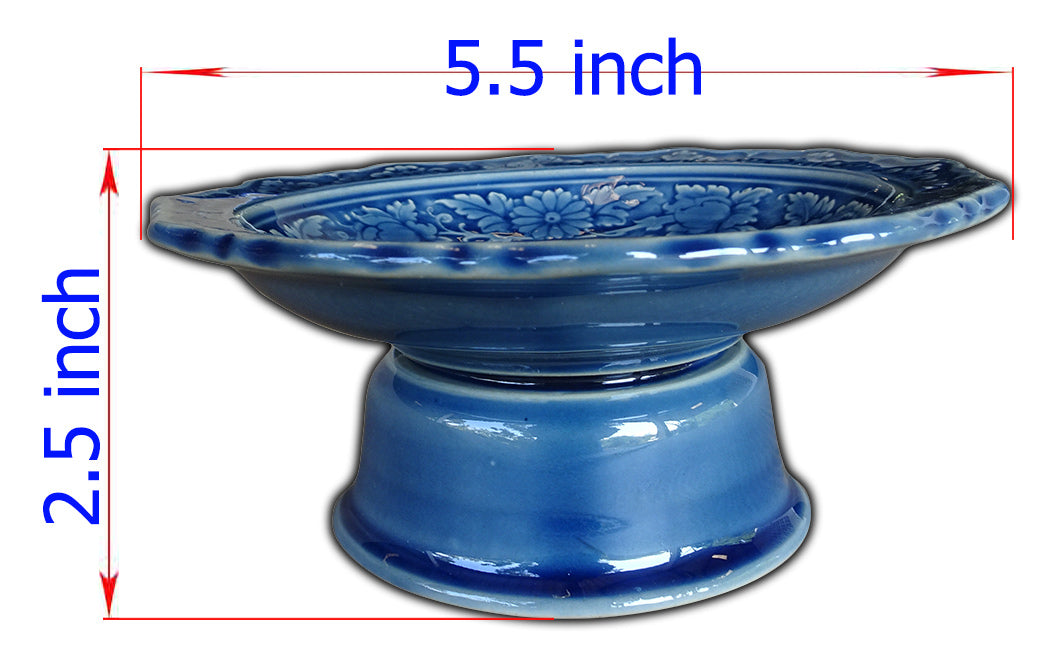 พาน 5นิ้ว ลายไทย สีน้ำเงิน เซรามิก พานดอกไม้ พานมะลิ พานเชิง พานหิ้งพระ พวงมาลัย พานบายศรี otop Lampang โอทอปลำปาง