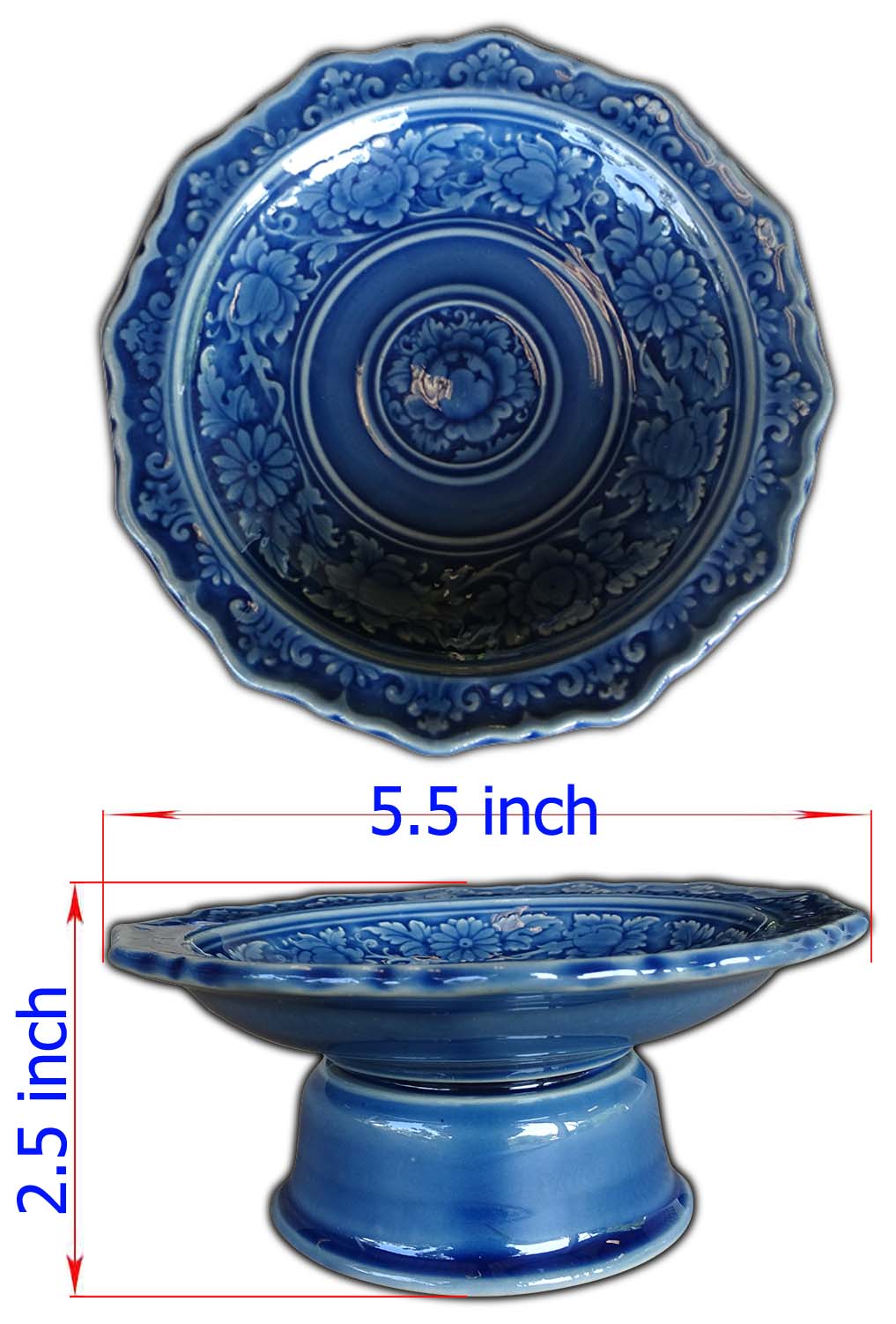 พาน 5นิ้ว ลายไทย สีน้ำเงิน เซรามิก พานดอกไม้ พานมะลิ พานเชิง พานหิ้งพระ พวงมาลัย พานบายศรี otop Lampang โอทอปลำปาง