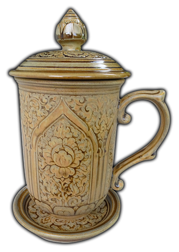 แก้วน้ำ นางพญา สีวุฒิชัย มีฝาปิด และ จานรอง ของขวัญ ของที่ระลึก ของแจกงานเกษียณ ของถวายพระ