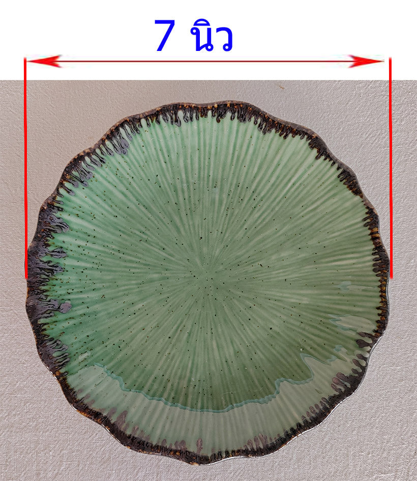 จาน เทคนิคสี 7 นิ้ว ลายเส้น สีเขียว เซรามิค โอทอปลำปาง otoplampang