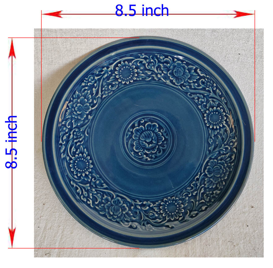 จาน ขนาด8.5นิ้ว สีน้ำเงิน ลายไทย ใช้เป็นจานอาหาร จานอาหารคาว จานข้าว จานเซรามิค otoplampang