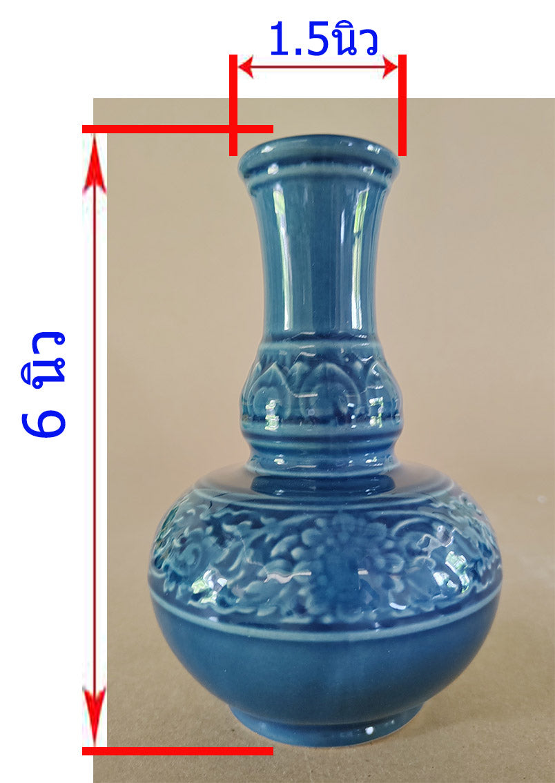 แจกัน 6นิ้ว ลายไทย สี้เขียว แจกันดอกไม้ น้ำต้น ภาชนะใส่น้ำ ขวดน้ำ กรวดน้ำ