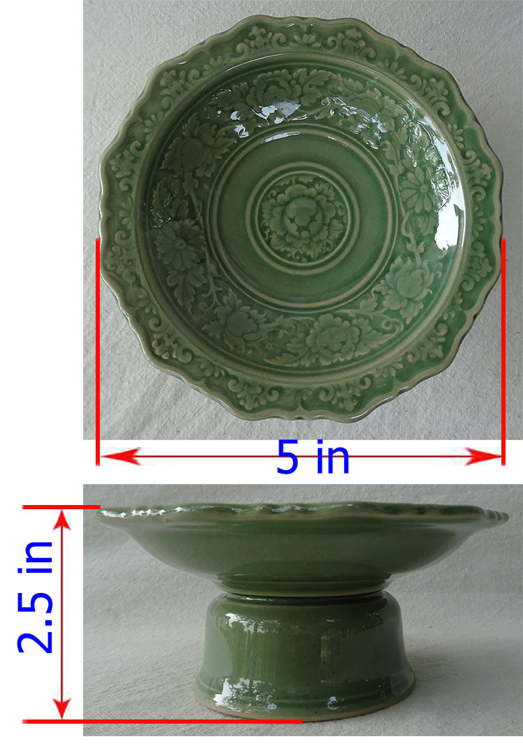 พาน 5นิ้ว ลายไทย สีเขียว เซรามิก พานดอกไม้ พานมะลิ พานเชิง พานหิ้งพระ พวงมาลัย พานบายศรี otop Lampang โอทอปลำปาง